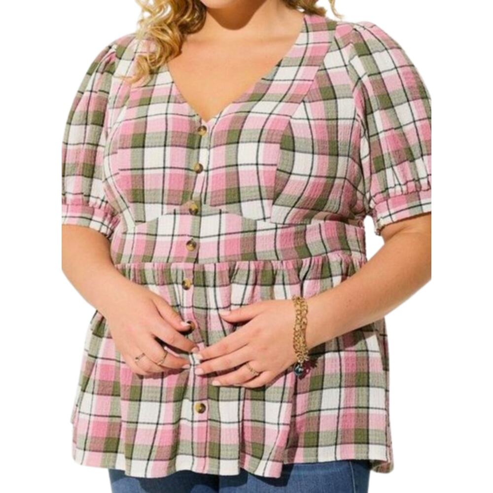 Torrid Pink & Gray Plaid Babydoll Gauze Button-Up Top – Torrid Size 0 - L